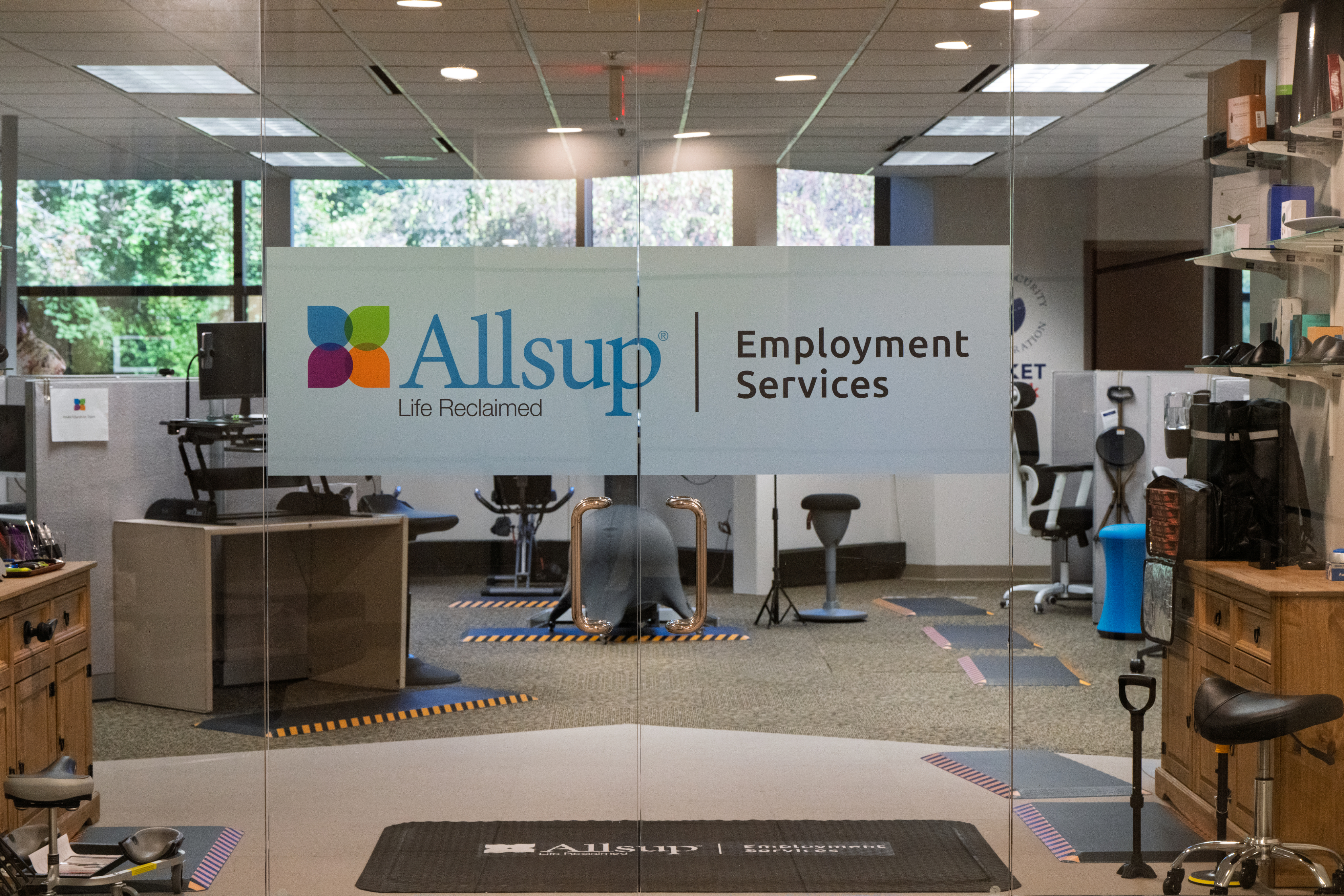 AES Office entry door and logo