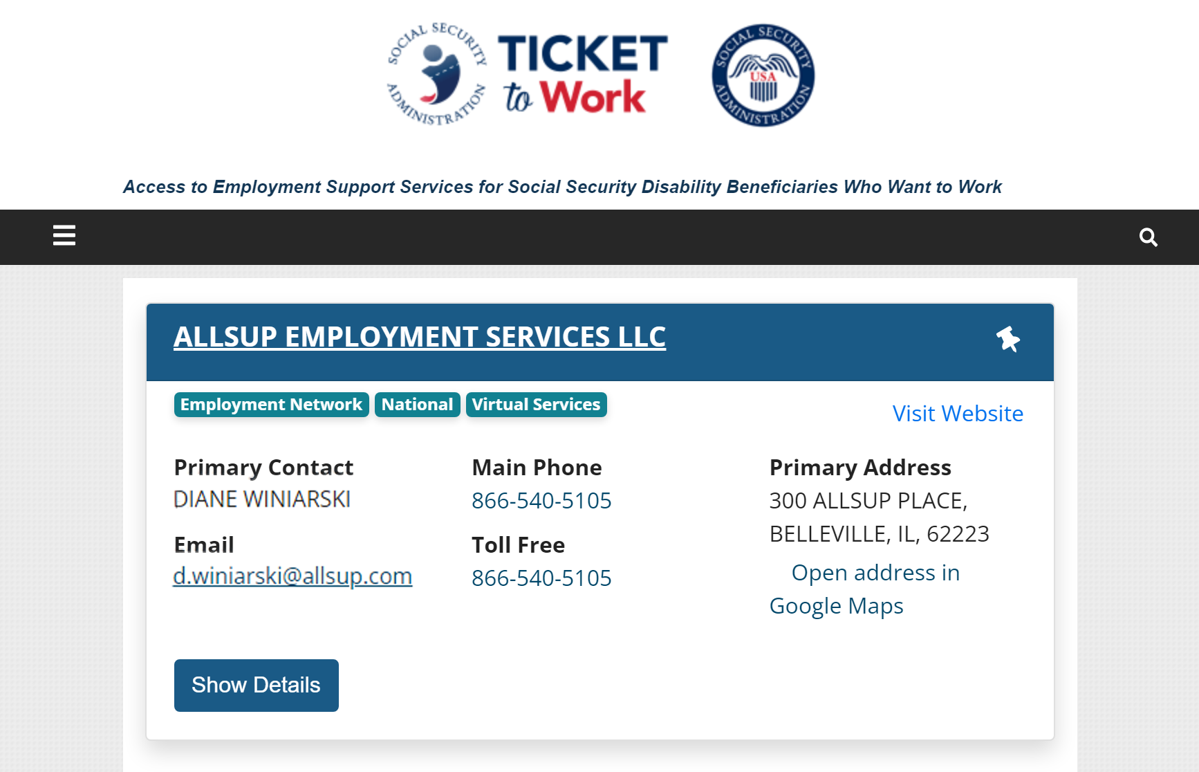 Allsup Employment Services listed on the Ticket to Work website